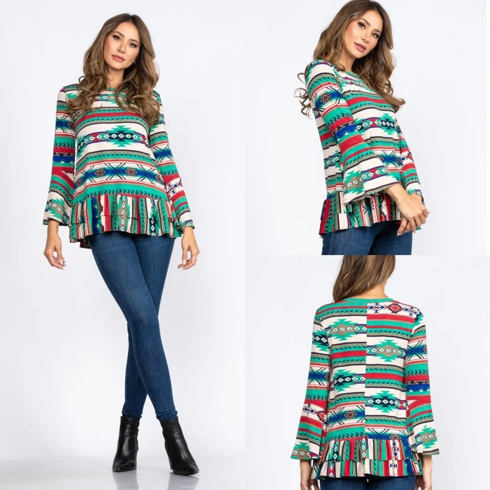 🇺🇲Host Pick🔥Native American Print Ruffle Top In Size S, M or L - Picture 9 of 15